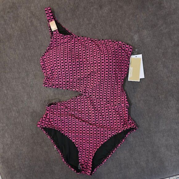 Michael Kors Black Pink Chain Pattern One Shoulder Cutout One Piece Swimsuit 12 - Picture 1 of 12